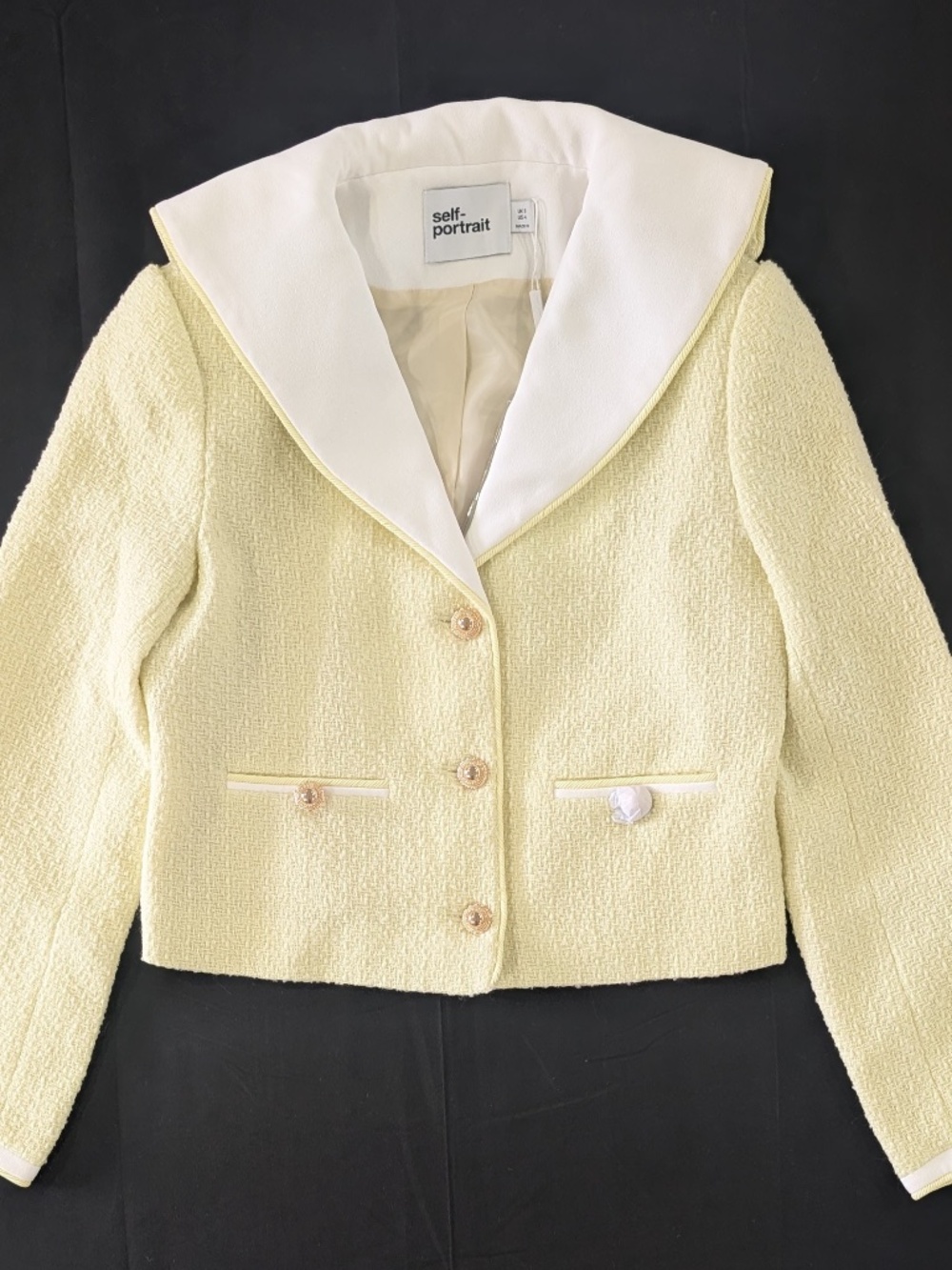 Self-Portrait Yellow Bouclé Cropped Jacket Contrast Collar Tweed Blazer Size US4